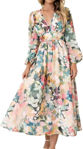 Loz Women's Summer Dress Puff Sleeve v-Neck Multicolor Floral Maxi Dresses 2025 Long Sleeves Wedding Guest Dress in Kuwait