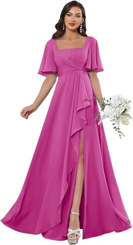 POMUYOO Square Neck Chiffon Bridesmaid Dresses with Sleeve Long Pleat A-Line Formal Party Gowns with Pockets in Kuwait