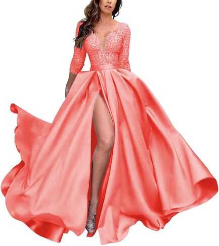Deep V Neck Prom Dresses with Slit Pockets Floor Length Laces Satin Ball Gowns Elegant 3/4 Sleeves Formal Party Gowns in Saudi Arabia