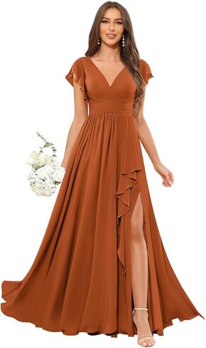 GUKARLEED Ruffled Bridesmaid Dresses Short Cap Sleeve Wrap Ruched Split V Neck Wedding Guest Dress Long Chiffon Formal Dress in Kuwait