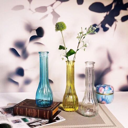 20CM Single Narrow Neck Stem Glass Vase - Hand Made Vertical Striped Decorative Bottle for Flowers Wedding Party Centerpiece Home Office Desk Decor in Saudi Arabia