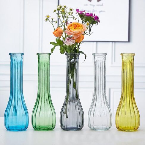20CM Single Narrow Neck Stem Glass Vase - Hand Made Vertical Striped Decorative Bottle for Flowers Wedding Party Centerpiece Home Office Desk Decor in Saudi Arabia