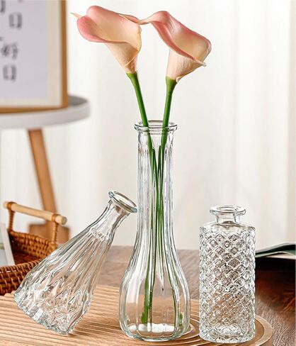 20CM Single Narrow Neck Stem Glass Vase - Hand Made Vertical Striped Decorative Bottle for Flowers Wedding Party Centerpiece Home Office Desk Decor in Saudi Arabia