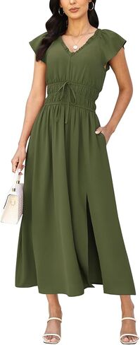 Relipop Womens Summer Casual Maxi Dresses Cap Sleeve V Neck A-Line Long Dress Elastic Waist Side Slit Dress Pockets 2026 in Kuwait