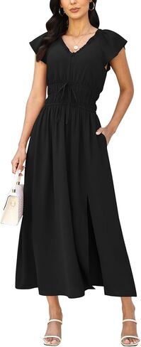 Relipop Womens Summer Casual Maxi Dresses Cap Sleeve V Neck A-Line Long Dress Elastic Waist Side Slit Dress Pockets 2026 in Saudi Arabia