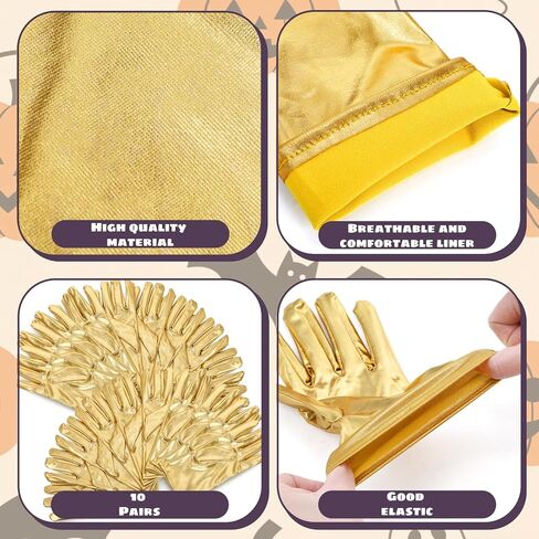 10 Pairs Metallic Costume Gloves, Shiny Gold Princess Evening Stretch Dress Gloves, Halloween Cosplay Hand Accessories Short Glove for Party, Dance in Kuwait