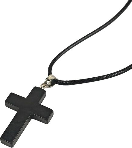 Shungite Crystal Cross Necklace - Black Healing Pendant with Leather Cord in Kuwait