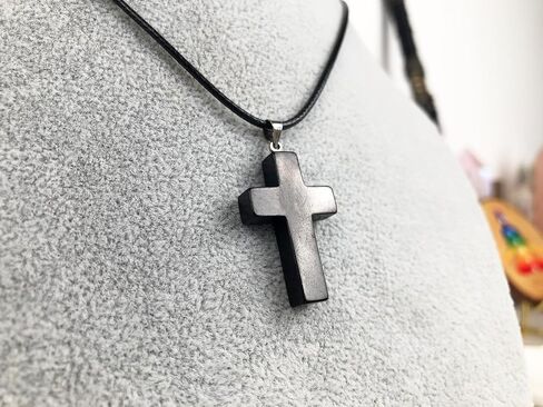 Shungite Crystal Cross Necklace - Black Healing Pendant with Leather Cord in Kuwait