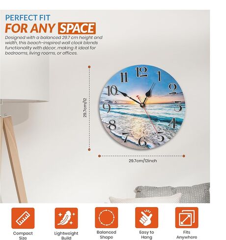 Coastal Nautical Glass Wall Clock 12 Inch – Silent Non-Ticking Ocean Beach Clock, Decorative Coastal Wall Clocks for Bathroom, Bedroom, Kitchen, Living Room – Battery Operated Wall Clocks for Home in Saudi Arabia
