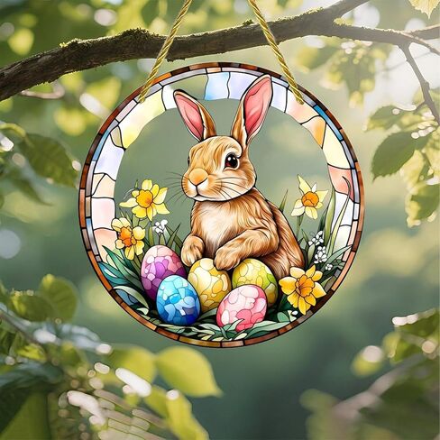 Colorful Acrylic Suncatcher, Easter Bunny with Eggs in Spring 7-inch Hanging Window Wall Art Decor with Printed Stained Glass Style Design, Gift Idea & Garden Ornament Indoor Outdoor Use in Saudi Arabia