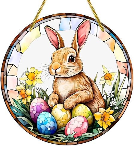 Colorful Acrylic Suncatcher, Easter Bunny with Eggs in Spring 7-inch Hanging Window Wall Art Decor with Printed Stained Glass Style Design, Gift Idea & Garden Ornament Indoor Outdoor Use in Saudi Arabia