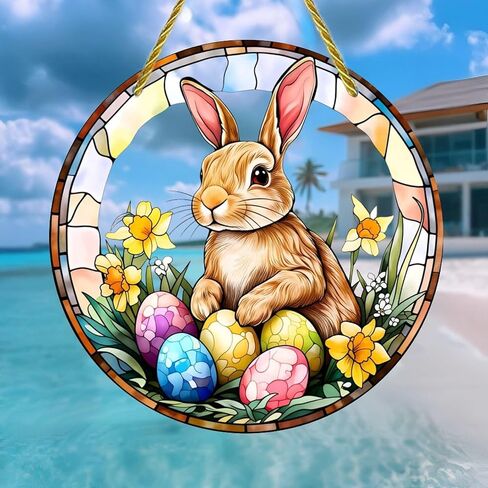 Colorful Acrylic Suncatcher, Easter Bunny with Eggs in Spring 7-inch Hanging Window Wall Art Decor with Printed Stained Glass Style Design, Gift Idea & Garden Ornament Indoor Outdoor Use in Saudi Arabia