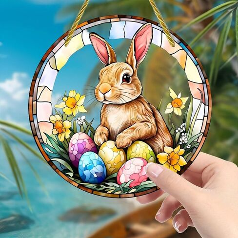 Colorful Acrylic Suncatcher, Easter Bunny with Eggs in Spring 7-inch Hanging Window Wall Art Decor with Printed Stained Glass Style Design, Gift Idea & Garden Ornament Indoor Outdoor Use in Saudi Arabia