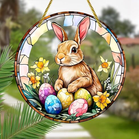 Colorful Acrylic Suncatcher, Easter Bunny with Eggs in Spring 7-inch Hanging Window Wall Art Decor with Printed Stained Glass Style Design, Gift Idea & Garden Ornament Indoor Outdoor Use in Saudi Arabia