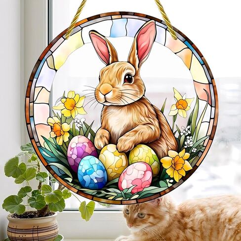 Colorful Acrylic Suncatcher, Easter Bunny with Eggs in Spring 7-inch Hanging Window Wall Art Decor with Printed Stained Glass Style Design, Gift Idea & Garden Ornament Indoor Outdoor Use in Saudi Arabia