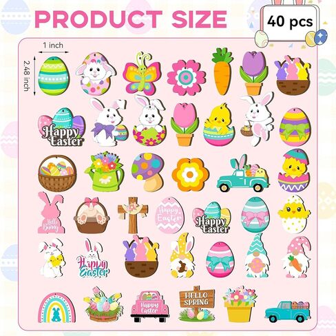 40pcs Easter Hanging Ornaments: Wooden Bunny, Egg, Carrot, Gnome, Basket Decorations with String for Easter Party in Kuwait