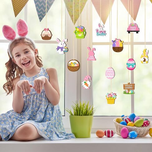 40pcs Easter Hanging Ornaments: Wooden Bunny, Egg, Carrot, Gnome, Basket Decorations with String for Easter Party in Kuwait