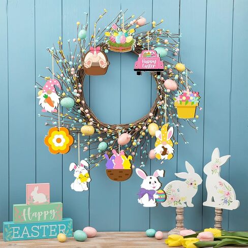 40pcs Easter Hanging Ornaments: Wooden Bunny, Egg, Carrot, Gnome, Basket Decorations with String for Easter Party in Kuwait