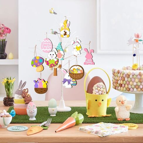 40pcs Easter Hanging Ornaments: Wooden Bunny, Egg, Carrot, Gnome, Basket Decorations with String for Easter Party in Kuwait