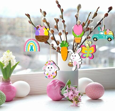 40pcs Easter Hanging Ornaments: Wooden Bunny, Egg, Carrot, Gnome, Basket Decorations with String for Easter Party in Kuwait