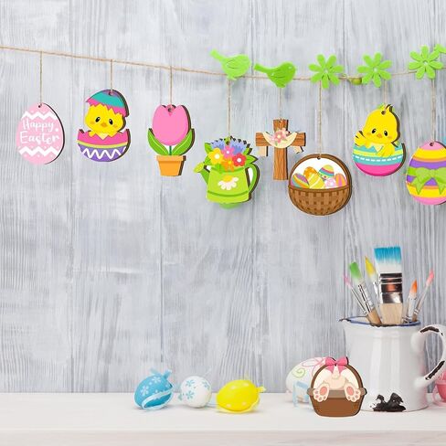 40pcs Easter Hanging Ornaments: Wooden Bunny, Egg, Carrot, Gnome, Basket Decorations with String for Easter Party in Kuwait