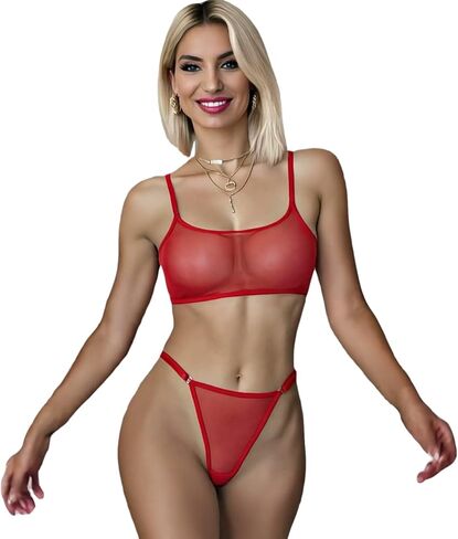 Sheer Lingerie Sets for Women Sexy, Mesh Bra and Panty Sets for Women See Through Lingerie 2 Piece, Red, Onesize 2-8 in Kuwait