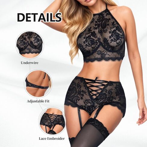 Lingerie for Women, Garter Belt High Waist Sleepwear See Through Floral Lace Sheer Sexy Lingerie Set Naughty Onesize 2-8 Black in Kuwait