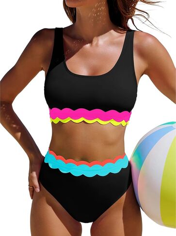 popvil Women's High Waisted Bikini Sets Neon Two Piece Swimsuit Sporty Scalloped Trim Bathing Suit 2026 in Kuwait