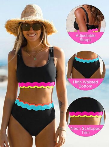 popvil Women's High Waisted Bikini Sets Neon Two Piece Swimsuit Sporty Scalloped Trim Bathing Suit 2026 in Saudi Arabia
