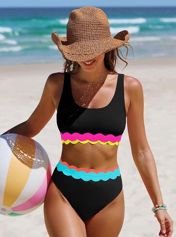 popvil Women's High Waisted Bikini Sets Neon Two Piece Swimsuit Sporty Scalloped Trim Bathing Suit 2026 in Saudi Arabia