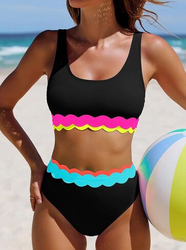 popvil Women's High Waisted Bikini Sets Neon Two Piece Swimsuit Sporty Scalloped Trim Bathing Suit 2026 in Saudi Arabia