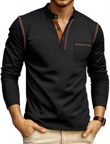 Men's Long Sleeve Henley Shirt, Casual T-Shirt with Color Block Design, Classic Button Collar Pullover for Daily in Saudi Arabia