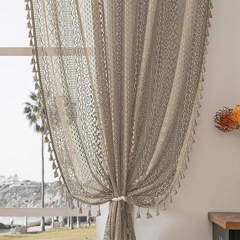 Taupe Boho Curtains - 63" Length, 2 Panels, Cotton Blend Crochet Lace, Rod Pocket, Light Filtering, Semi Sheer, Nude Neutral, for Living Room & Dining Room in Kuwait