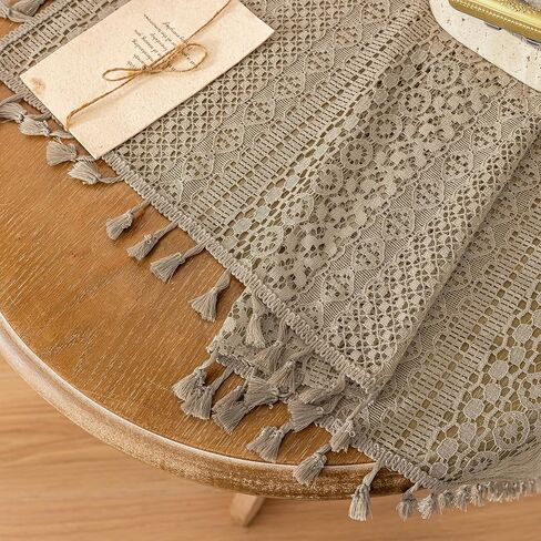 Taupe Boho Curtains - 63" Length, 2 Panels, Cotton Blend Crochet Lace, Rod Pocket, Light Filtering, Semi Sheer, Nude Neutral, for Living Room & Dining Room in Kuwait