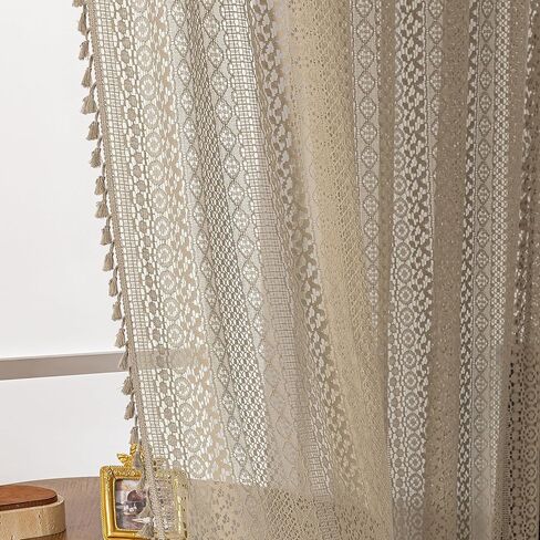 Taupe Boho Curtains - 63" Length, 2 Panels, Cotton Blend Crochet Lace, Rod Pocket, Light Filtering, Semi Sheer, Nude Neutral, for Living Room & Dining Room in Kuwait