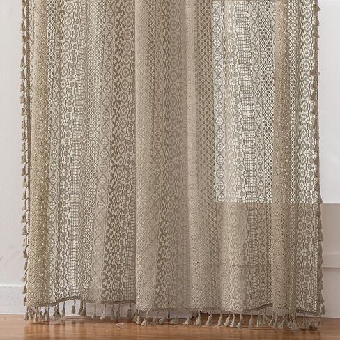 Taupe Boho Curtains - 63" Length, 2 Panels, Cotton Blend Crochet Lace, Rod Pocket, Light Filtering, Semi Sheer, Nude Neutral, for Living Room & Dining Room in Kuwait