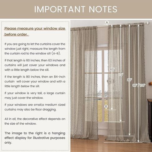 Taupe Boho Curtains - 63" Length, 2 Panels, Cotton Blend Crochet Lace, Rod Pocket, Light Filtering, Semi Sheer, Nude Neutral, for Living Room & Dining Room in Kuwait