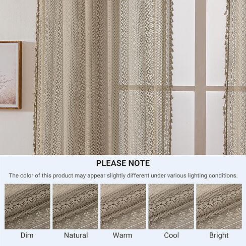 Taupe Boho Curtains - 63" Length, 2 Panels, Cotton Blend Crochet Lace, Rod Pocket, Light Filtering, Semi Sheer, Nude Neutral, for Living Room & Dining Room in Kuwait