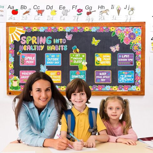 Spring Bulletin Board Decorations Set, Spring Into Healthy Habits Display, 74 Pcs Cardstock Cutouts with Borders Spring Bulletin Board Decorations Classroom School Office in Kuwait