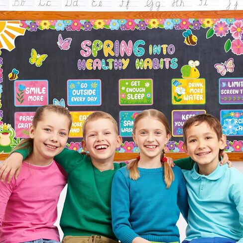 Spring Bulletin Board Decorations Set, Spring Into Healthy Habits Display, 74 Pcs Cardstock Cutouts with Borders Spring Bulletin Board Decorations Classroom School Office in Kuwait