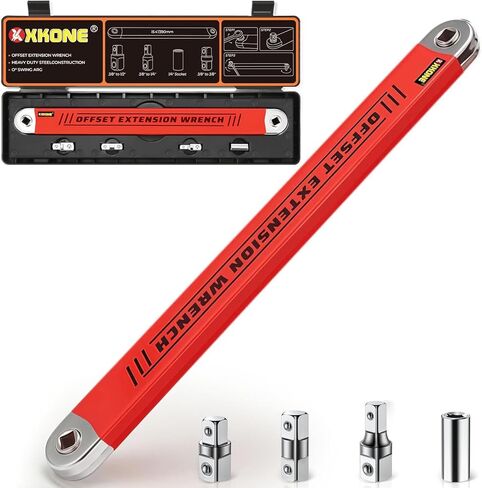 مجموعة مفاتيح تمديد أوفست، مفتاح ربط أوفست 15.4 بوصة مع محولات محرك مربعة 1/4 بوصة، 3/8 بوصة، 1/2 بوصة ومقبس 1/4 بوصة. (برتقالي كبير) in Kuwait
