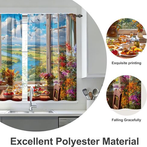 Floral Kitchen Curtains Short Rod Pocket Drapes Tiers Window Curtains for Basement Bathroom 2 Panels 28x36in in Saudi Arabia