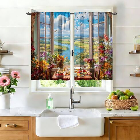 Floral Kitchen Curtains Short Rod Pocket Drapes Tiers Window Curtains for Basement Bathroom 2 Panels 28x36in in Saudi Arabia