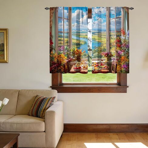 Floral Kitchen Curtains Short Rod Pocket Drapes Tiers Window Curtains for Basement Bathroom 2 Panels 28x36in in Saudi Arabia