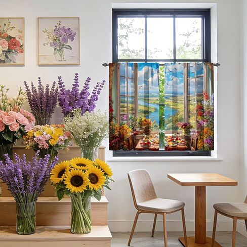 Floral Kitchen Curtains Short Rod Pocket Drapes Tiers Window Curtains for Basement Bathroom 2 Panels 28x36in in Saudi Arabia