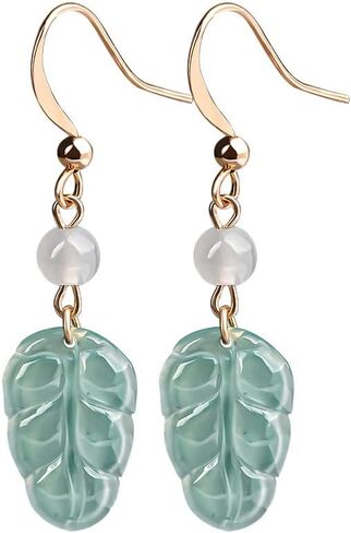 14K Gold Leaf Earrings - Natural Jade with Sapphire Stones - Beautiful Jewelry Gift for Anniversary, Birthday, or Special Occasion for Wife, Girlfriend, or Loved One in Saudi Arabia