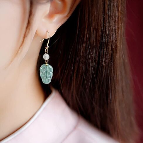 14K Gold Leaf Earrings - Natural Jade with Sapphire Stones - Beautiful Jewelry Gift for Anniversary, Birthday, or Special Occasion for Wife, Girlfriend, or Loved One in Saudi Arabia