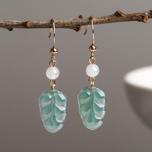 14K Gold Leaf Earrings - Natural Jade with Sapphire Stones - Beautiful Jewelry Gift for Anniversary, Birthday, or Special Occasion for Wife, Girlfriend, or Loved One in Saudi Arabia