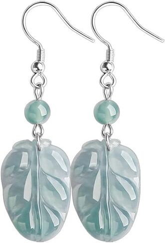 14K Gold Leaf Earrings - Natural Jade with Sapphire Stones - Beautiful Jewelry Gift for Anniversary, Birthday, or Special Occasion for Wife, Girlfriend, or Loved One in Saudi Arabia