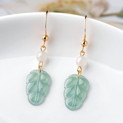14K Gold Leaf Earrings - Natural Jade with Sapphire Stones - Beautiful Jewelry Gift for Anniversary, Birthday, or Special Occasion for Wife, Girlfriend, or Loved One in Saudi Arabia